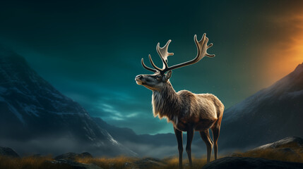 Beautiful deer with big antlers on a mountain landscape background with beautiful lighting
