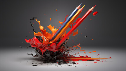 creative composition with colored pencils and splashes of paint