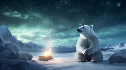 A polar bear basking by the fire in the snowy night tundra