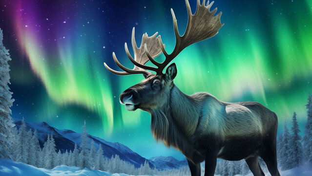  Beautiful close-up reindeer in the snowy polar forest against the background of bright northern lights
