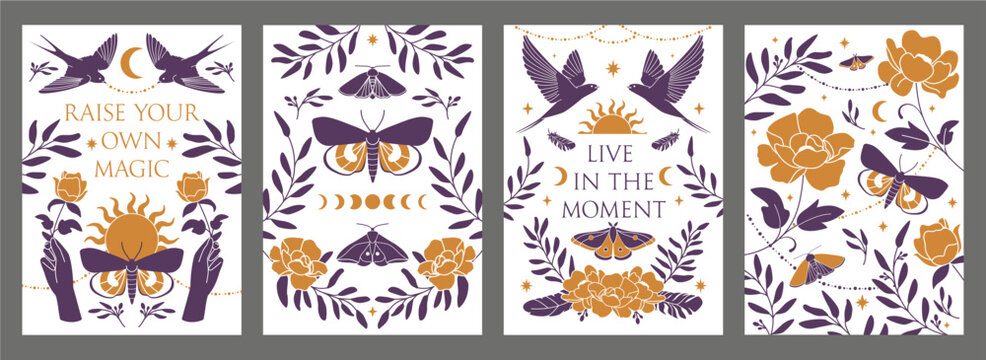 Boho posters. Swallow birds, magic bohemian vibe, butterfly and flowers, mysterious ornament for inspiration, motivation posters. Nature garden print. Hand hold rose. Vector illustration