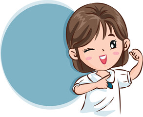 Lovely girl student making a strong gesture Vector cartoon.