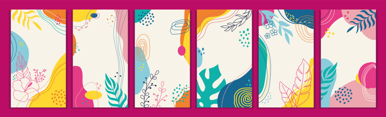 Summer backgrounds. Abstract tropical social media templates, modern trendy post with floral art. Hand drawn doodle frame design. Web banner. Botanical poster. Vector scribble patterns