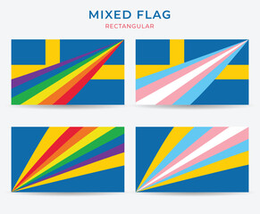 Sweden, Rainbow and Transgender  Pride Mixed Flags. Swedish Combined Flag Design Vector.