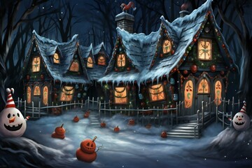 Illustration of a haunted house in the snowy forest at Christmas time