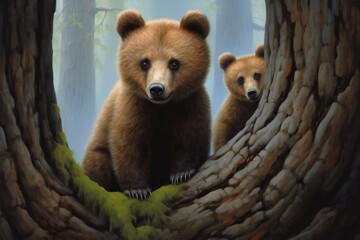 Brown bear cubs sitting on a tree in the forest,  Wildlife scene