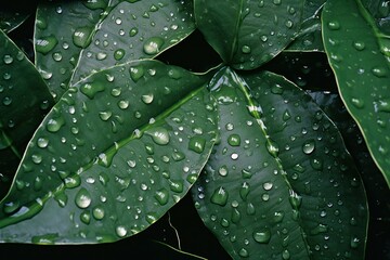 Water drops on the leaves of a tropical plant in the rain
