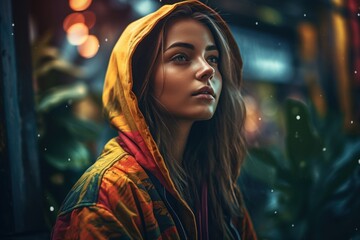 woman in coat colorful background, AI generated