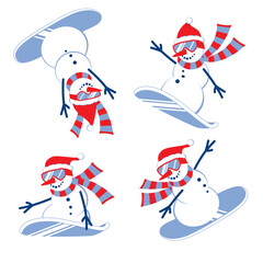 Cartoon Snowman snowboarding in ski goggles and Santa Claus hat. Christmas set Vector illustration.
