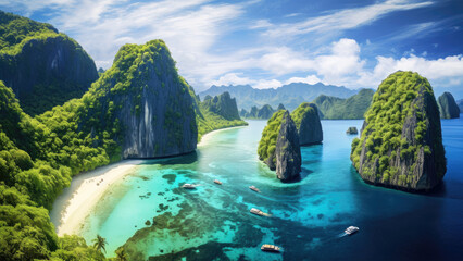 Aerial of cliff landscape with crystal clear water In El Nido, Palawan, Philippines. Beautiful...