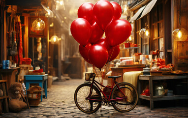 Red balloons and vintage bicycle on street in local retro city. Festival and party concept
