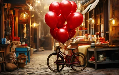 Papier Peint photo Vélo Red balloons and vintage bicycle on street in local retro city. Festival and party concept