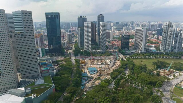 sunny day singapore city center working construction yard traffic street aerial panorama 4k timelapse