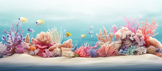 Obraz na płótnie Canvas I used ai rendering software to create a stunning water themed illustration of a vibrant marine life in the sea featuring decorative elements like seashells corals and an aquarium filled wi