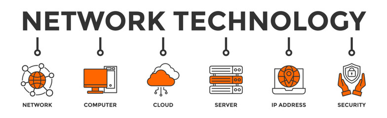 Network technology banner web icon vector illustration concept with icon of network, computer, cloud, server, ip address and security