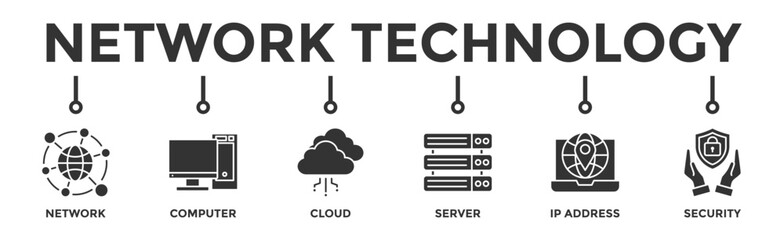 Network technology banner web icon vector illustration concept with icon of network, computer, cloud, server, ip address and security