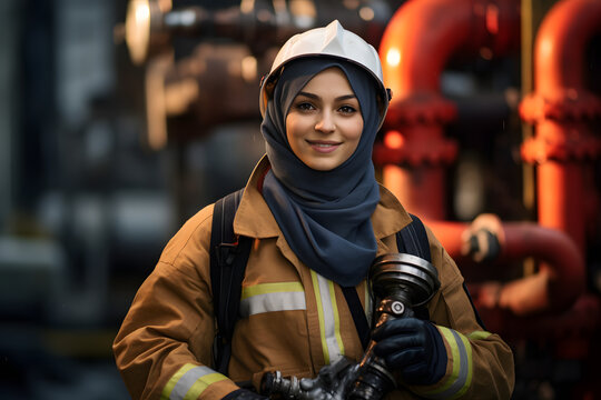 a fire brigade woman wearing uniform and hijab and hard cap holding water pipe in the hand standing with red pipes in the background