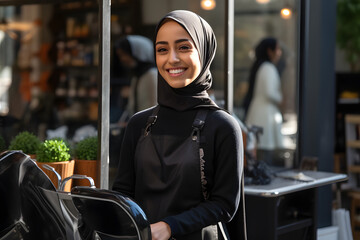 a muslim girl hair dresser wearing hijab in the hair saloon shop with black apron standing with chair looking in the camera blur background - obrazy, fototapety, plakaty