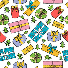 Seamless pattern, gift boxes in hand drawn style. Vector illustration.
