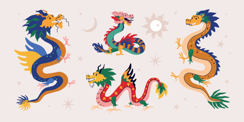 Cute dragons. Japan astrology art, oriental ancient characters, doodle china animal fashion tattoo. Traditional Chinese new year symbol, 2024 celebration. Vector illustration, icons set