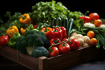 Rustic wooden box filled with a variety of fresh raw vegetables.