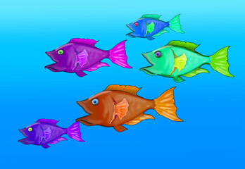 schools of fish in the depths of the sea, full of color, with a blue background of sea water