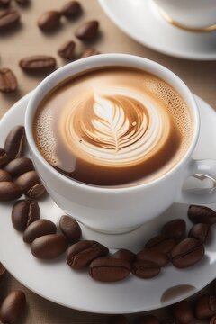 Generative AI Espresso Coffee, Delicious espresso coffee, Espresso coffee with cream in the shape of a tree leaf, cappuccino, brown coffee, a cup of coffee, a cup of warm and delicious coffee