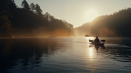the sun is shining brightly over a calm lake and silhouettes two kayakers