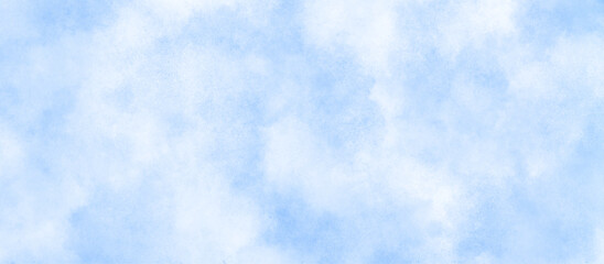 Hand painted blue sky and clouds with watercolor shaded texture, Sky clouds with brush painted blue watercolor texture, small and large clouds alternating and moving slowly on cloudy winter sky.