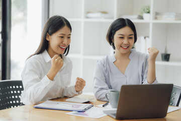 Asian woman in startup company office with happy expression, businesswoman executive and investor...