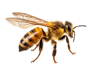A flying honey bee on a white or transparent background cutout. Macro side close-up view. macro. high quality png image.