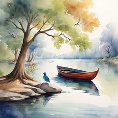 Image of Seamless pattern design water color paining view river boat printed on Printed Glass Basin Splashbacks