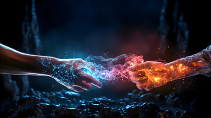 Human hand and robot handshake system concept integration and coordination of artificial intelligence technology