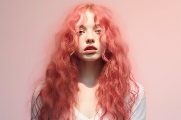Portrait of a girl with long red hair on a pink background