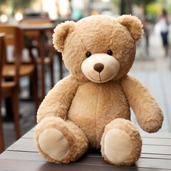 Teddy bear sitting on the wooden table in the outdoor cafe
