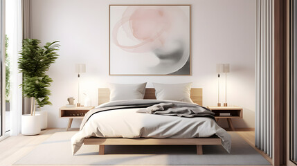 Fototapeta na wymiar Scandinavian interior design of modern bedroom with big art poster frame.