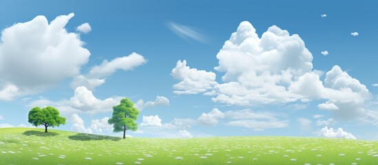 In the abstract background of the sky clouds formed shapes resembling a delicate white flower complimenting the vibrant nature of the green grass and trees in the garden all against a backd - obrazy, fototapety, plakaty