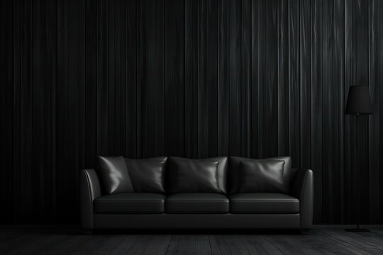 Black leather sofa in black room with wooden wall and floor