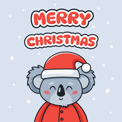 Christmas card with cute koala dressed in Santa Claus costume. Vector illustration in cartoon style