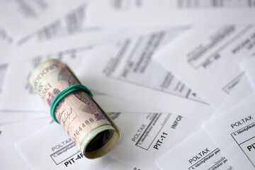 Polish zloty money on big amount of polish tax forms close up. Accounting, bureaucracy and taxpayers routine in Poland - obrazy, fototapety, plakaty