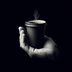 Black and paper coffee cup in a hand, hot coffee cup isolated on black background. ai generative