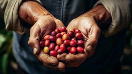 agriculturist hands holding ripe arabica coffee bean. create using a generative ai tool  - obrazy, fototapety, plakaty