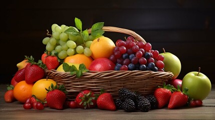 Naklejka na ściany i meble fresh and healthy fruits in straw basket. create using a generative ai tool 