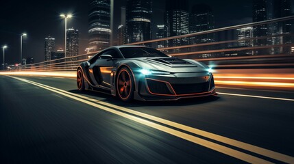 Free photo sports car driving on asphalt road at night. create using a generative AI tool 