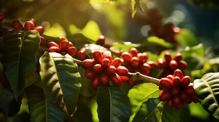 Fresh coffee beans on the tree. create using a generative ai tool  - Powered by Adobe