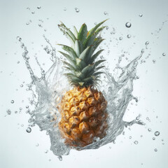 Falling pineapple fruit meets water in a splash on white background. ai generative