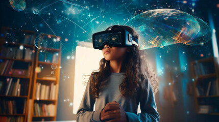 Smart school girl pupil with VR glasses googles studying the astronomy space and neural connections of the brain in the library at school. Simulation technology and science. Female student uses a - obrazy, fototapety, plakaty