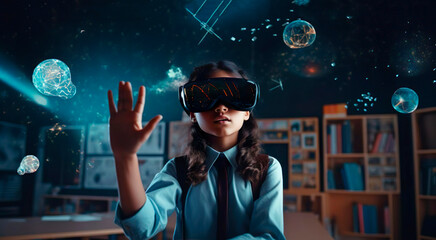 Curious schoolgirl pupil with VR glasses studies chemistry molecule neurons substances in the classroom or campus at school college university. Simulation science. Student uses a virtual reality - obrazy, fototapety, plakaty