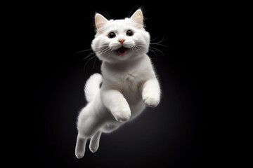Happy White cat jumping on a black background. ai generative