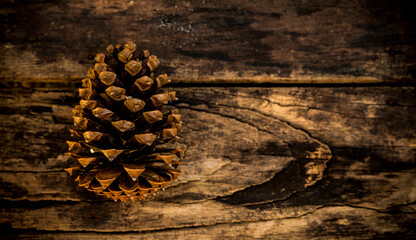 Tannenzapfen auf einem alten Holzbrett